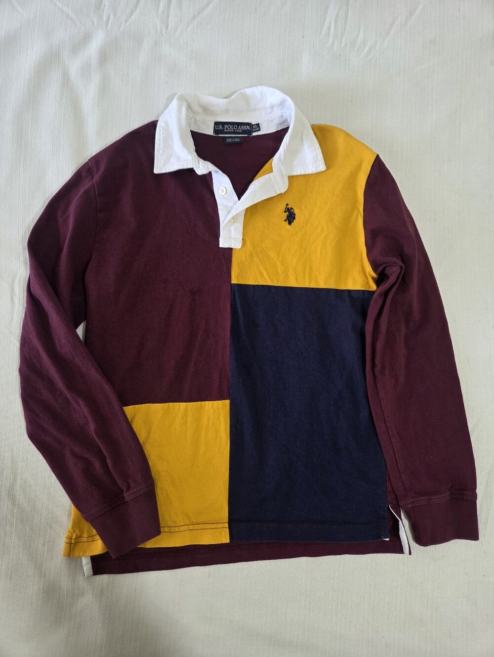 U.S. Polo Assn. Boy’s Colorblock Rugby Shirt - Burgundy/Yellow/Navy XL 14/16